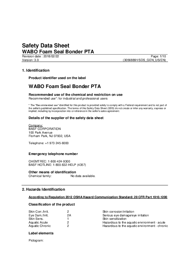 Wabo Foam Seal Bonder Part A US EN SDS 30568891 Cover