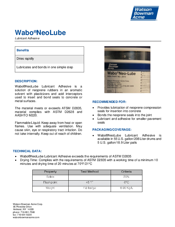 Wabo®NeoLube Technical Data Sheet Cover