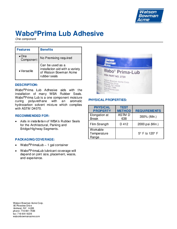 Wabo®PrimaLub Adhesive Technical Data Sheet Cover