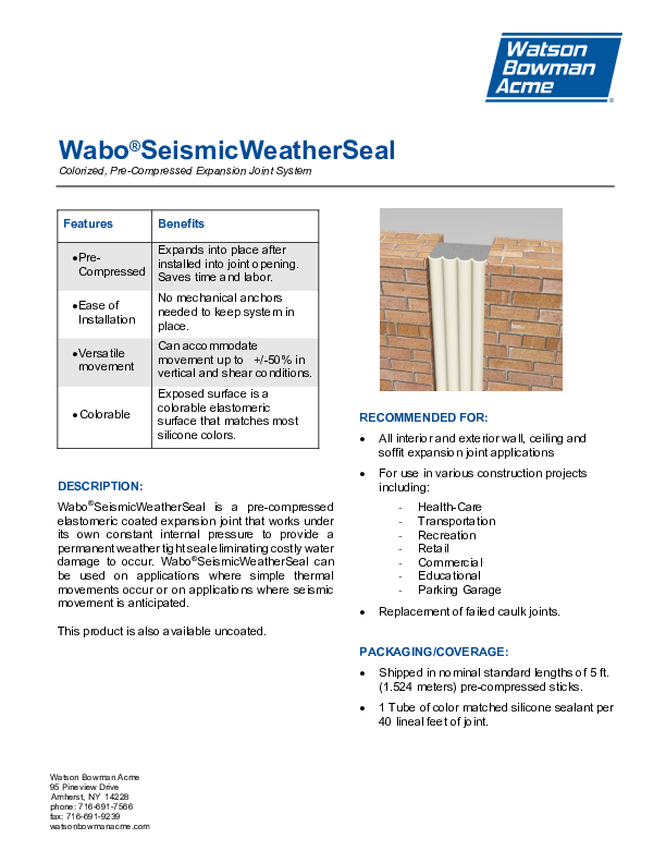 Wabo®Seismic WeatherSeal (SWS) Technical Data Sheet Cover