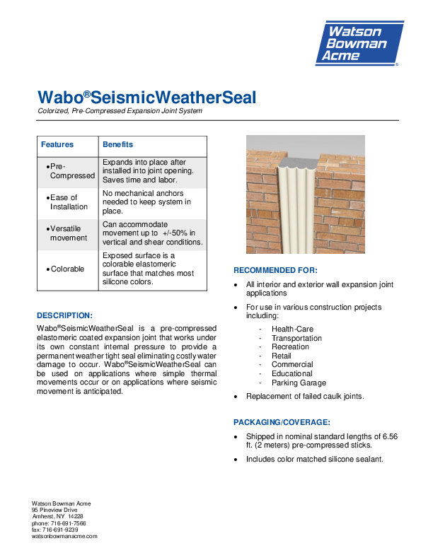 Wabo®Seismic WeatherSeal (SWS) Technical Data Sheet Cover