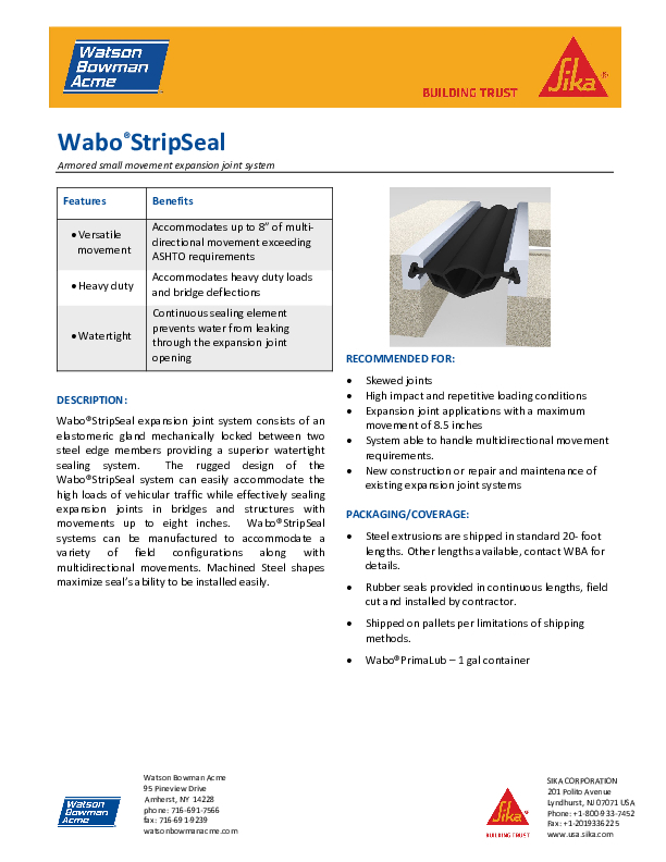 Wabo Strip Seal Data Sheet Cover