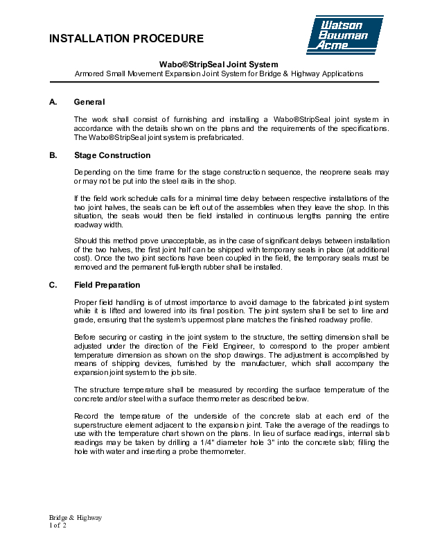 Wabo®StripSeal SSS Parking Installation Procedure Cover