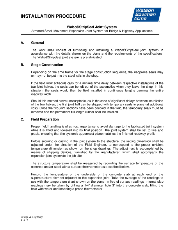 Wabo®StripSeal - Bridge Installation Procedure Cover