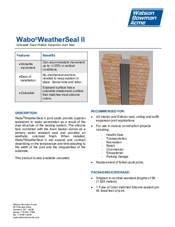 Wabo®WeatherSeal II (WS) Technical Data Sheet Cover