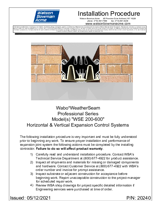 Wabo®WeatherSeam (WSE 200-600) Installation Procedure Cover