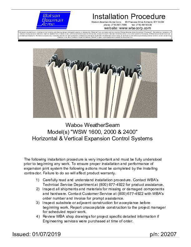 Wabo®WeatherSeam (WSW 1600-2400) Installation Procedure Cover