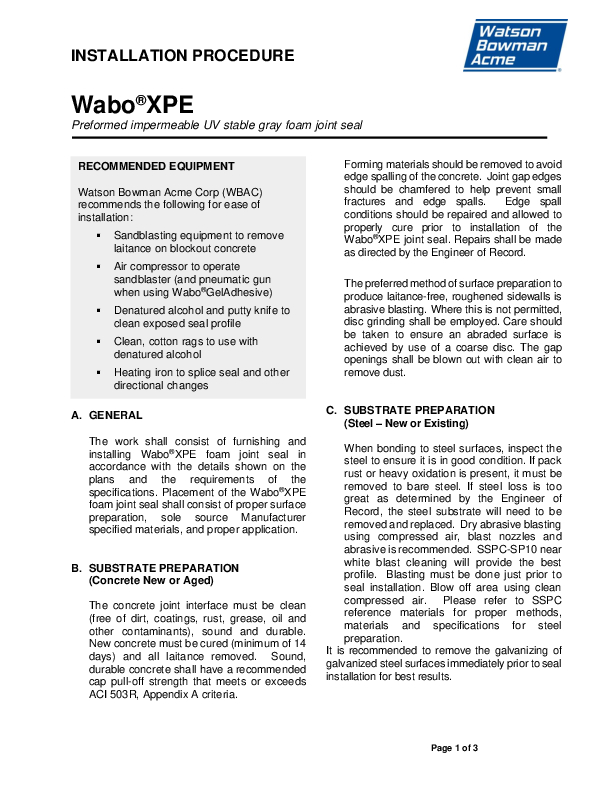 Wabo®XPE Installation Procedure Cover