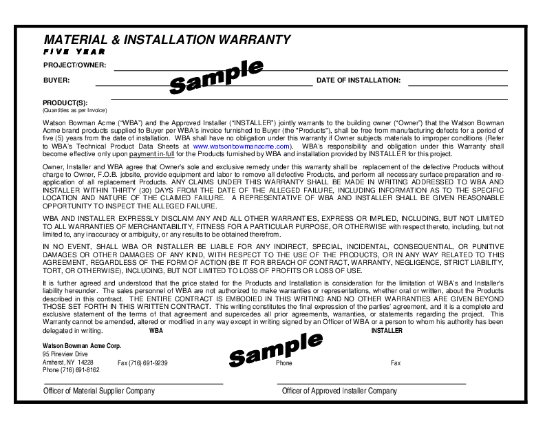 Material & Installation Warranty (Sample) Cover